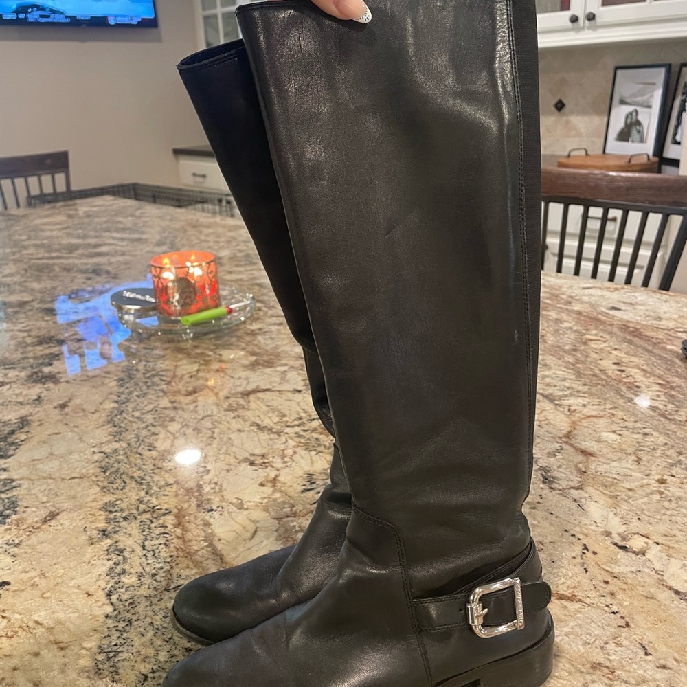 Vince Camuto Black Leather Heeled Boots (canvas back for wider calves)